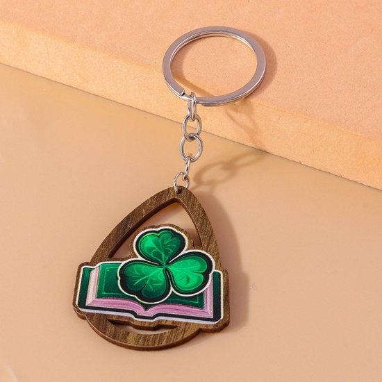 Picture of 1 Piece Wood St Patrick's Day Keychain & Keyring Silver Tone Book Drop Hollow 11cm