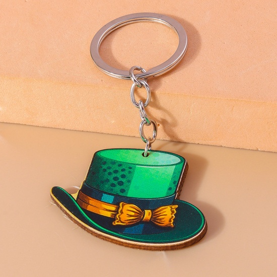 Picture of 1 Piece Wood St Patrick's Day Keychain & Keyring Silver Tone Hat Bowknot 10cm