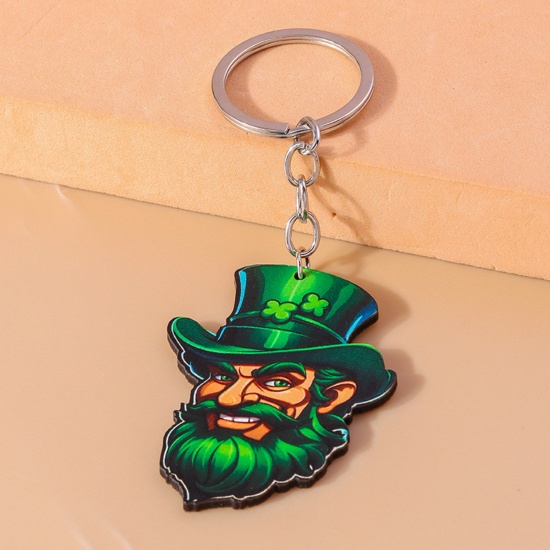 Picture of 1 Piece Wood St Patrick's Day Keychain & Keyring Silver Tone Boy Mustache 10cm