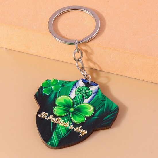 Picture of 1 Piece Wood St Patrick's Day Keychain & Keyring Silver Tone Clothes 10cm