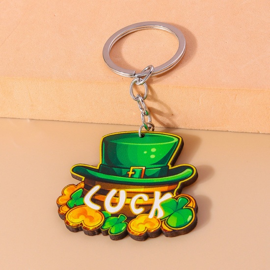 Picture of 1 Piece Wood St Patrick's Day Keychain & Keyring Silver Tone Hat Message " LUCK " 10cm