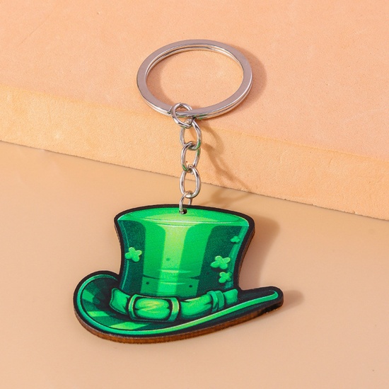 Picture of 1 Piece Wood St Patrick's Day Keychain & Keyring Silver Tone Green Hat 10cm