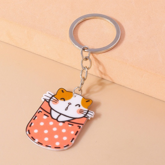 Picture of 1 Piece Acrylic Cute Keychain & Keyring Silver Tone Orange Cat Animal 10cm