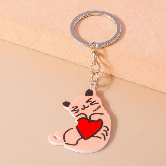 Picture of 1 Piece Acrylic Cute Keychain & Keyring Silver Tone Light Orange Cat Animal Heart 10cm