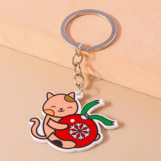 Picture of 1 Piece Acrylic Cute Keychain & Keyring Silver Tone Cat Animal 10cm