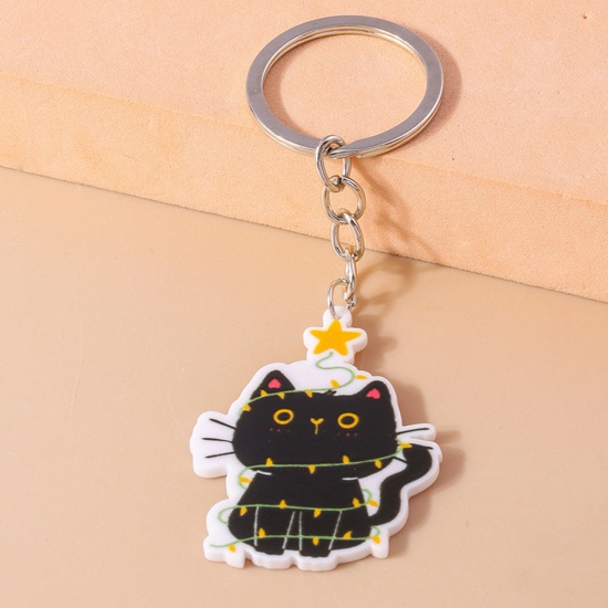 Picture of 1 Piece Acrylic Cute Keychain & Keyring Silver Tone Black Cat Animal 10cm