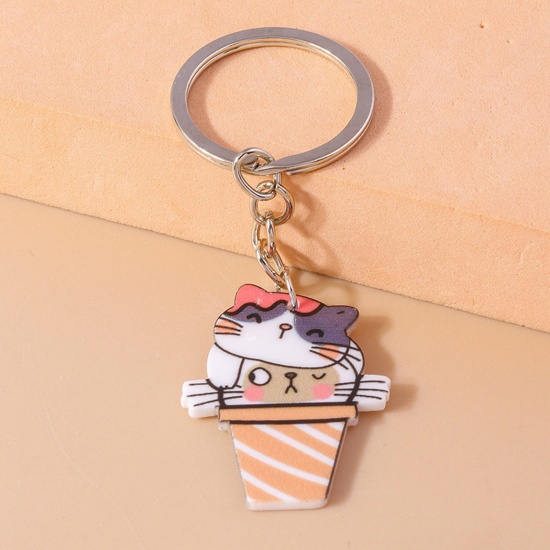 Picture of 1 Piece Acrylic Cute Keychain & Keyring Silver Tone Multicolor Cat Animal 10cm
