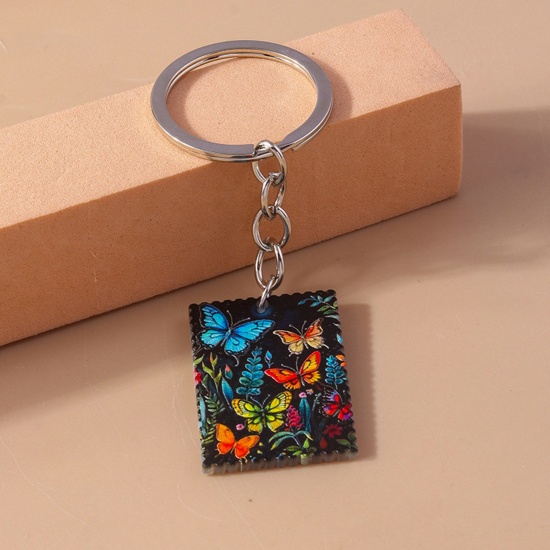 Picture of 1 Piece Acrylic Pastoral Style Keychain & Keyring Silver Tone Black Rectangle Butterfly 9cm