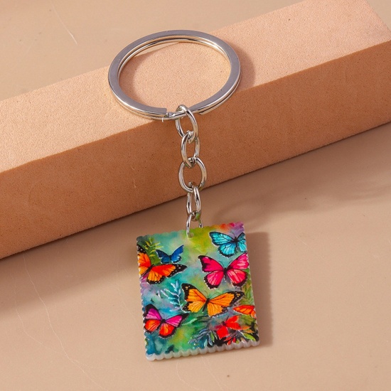 Picture of 1 Piece Acrylic Pastoral Style Keychain & Keyring Silver Tone Green Rectangle Butterfly 9cm