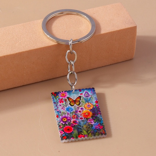 Picture of 1 Piece Acrylic Pastoral Style Keychain & Keyring Silver Tone Purple Rectangle Butterfly 9cm