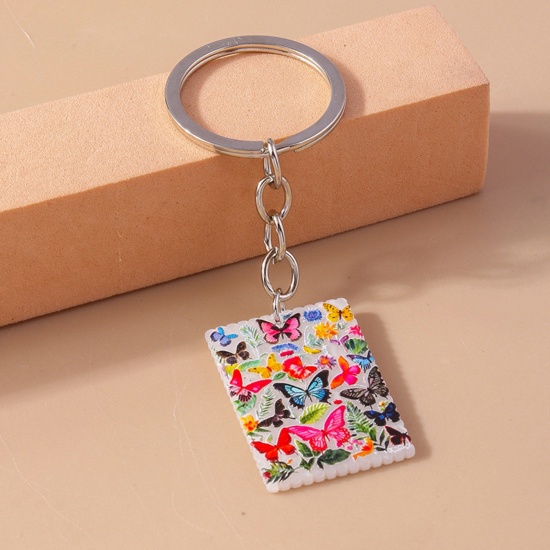 Picture of 1 Piece Acrylic Pastoral Style Keychain & Keyring Silver Tone White Rectangle Butterfly 9cm