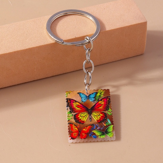 Picture of 1 Piece Acrylic Pastoral Style Keychain & Keyring Silver Tone Brown Rectangle Butterfly 9cm