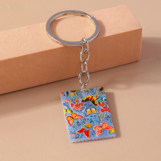 Picture of 1 Piece Acrylic Pastoral Style Keychain & Keyring Silver Tone Blue Rectangle Butterfly 9cm