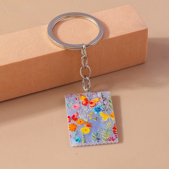 Picture of 1 Piece Acrylic Pastoral Style Keychain & Keyring Silver Tone Light Blue Rectangle Butterfly 9cm