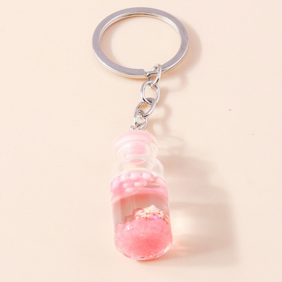 Picture of 1 Piece Resin Handmade Resin Jewelry Real Flower Keychain & Keyring Silver Tone Pink Drift Bottle Shaped Conch Sea Snail 10cm