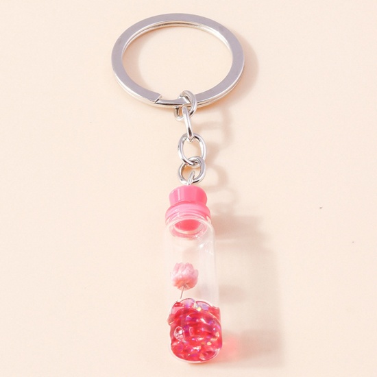 Picture of 1 Piece Resin Handmade Resin Jewelry Real Flower Keychain & Keyring Silver Tone Red Drift Bottle Shaped Flower 10cm