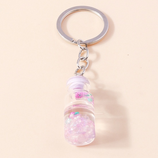 Picture of 1 Piece Resin Handmade Resin Jewelry Real Flower Keychain & Keyring Silver Tone Pale Lilac Drift Bottle Shaped Flower 10cm