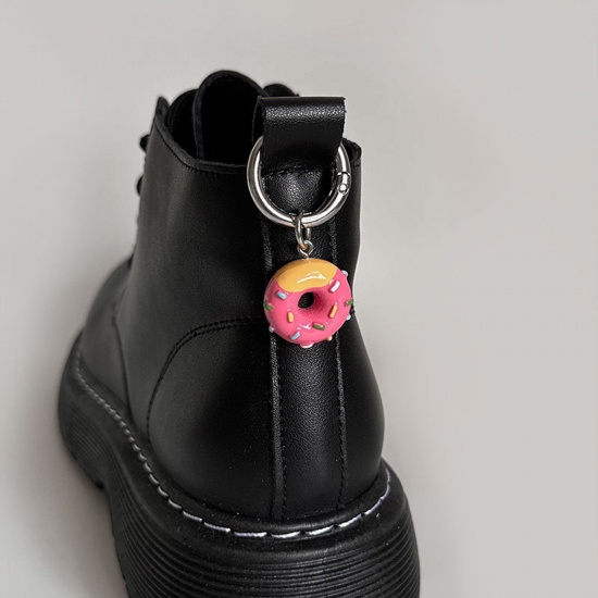 Picture of 1 Piece Resin Stylish Shoe Buckles For DIY Shoe Charm Decoration Accessories Silver Tone Pink Donut Keychain & Keyring 5cm