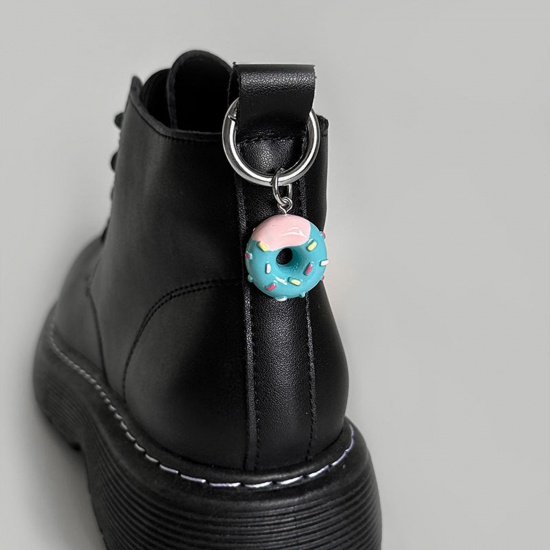 Picture of 1 Piece Resin Stylish Shoe Buckles For DIY Shoe Charm Decoration Accessories Silver Tone Blue Donut Keychain & Keyring 5cm