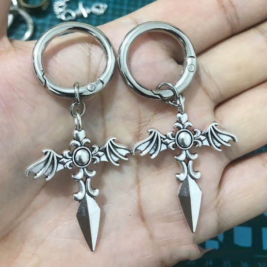 Picture of 1 Piece Gothic Shoe Buckles For DIY Shoe Charm Decoration Accessories Silver Tone Sword 5cm