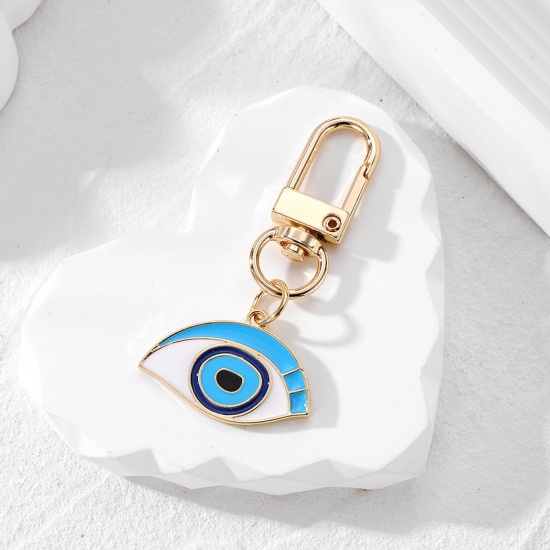 Picture of 1 Piece Religious Keychain & Keyring Gold Plated White & Blue Eye Enamel 6cm