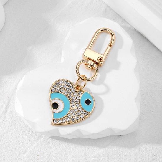 Picture of 1 Piece Religious Keychain & Keyring Gold Plated Skyblue Heart Eye Enamel Clear Rhinestone 6cm