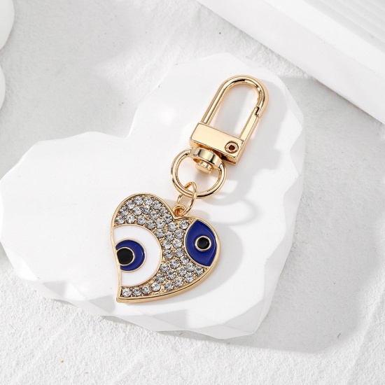 Picture of 1 Piece Religious Keychain & Keyring Gold Plated Royal Blue Heart Eye Enamel Clear Rhinestone 6cm