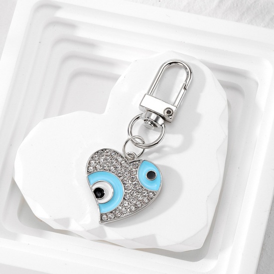 Picture of 1 Piece Religious Keychain & Keyring Silver Tone Skyblue Heart Eye Enamel Clear Rhinestone 6cm