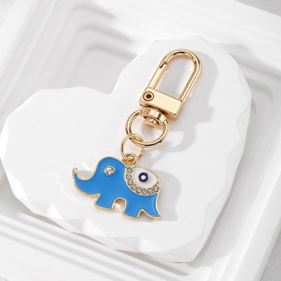 Picture of 1 Piece Religious Keychain & Keyring Gold Plated Blue Elephant Animal Eye Enamel Clear Rhinestone 6cm