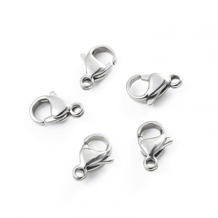 Picture of 20 PCs Eco-friendly 304 Stainless Steel Lobster Clasp Findings Silver Tone Roller Burnishing 8mm x 12mm