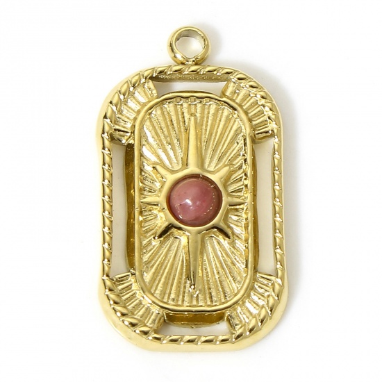 Picture of 1 Piece 304 Stainless Steel & Stone Galaxy Charms Gold Plated Pink Rectangle Star Hollow 22mm x 12.5mm