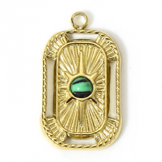 Picture of 1 Piece 304 Stainless Steel & Stone Galaxy Charms Gold Plated Peacock Green Rectangle Star Hollow 22mm x 12.5mm