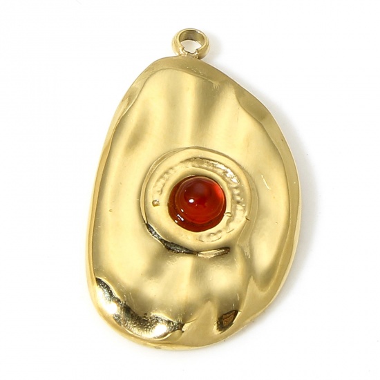 Picture of 1 Piece 304 Stainless Steel & Stone Hammered Charms Gold Plated Red Irregular Drop 22mm x 13mm