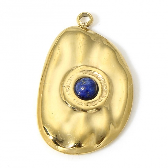 Picture of 1 Piece 304 Stainless Steel & Stone Hammered Charms Gold Plated Royal Blue Irregular Drop 22mm x 13mm