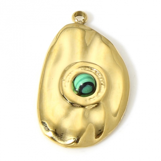 Picture of 1 Piece 304 Stainless Steel & Stone Hammered Charms Gold Plated Peacock Green Irregular Drop 22mm x 13mm