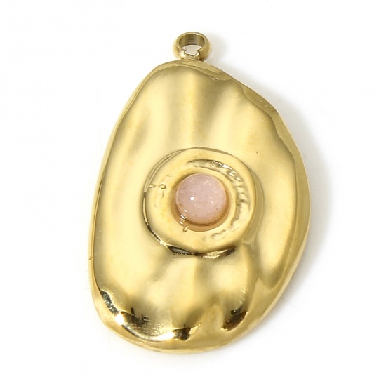 Picture of 1 Piece 304 Stainless Steel & Stone Hammered Charms Gold Plated Pink Irregular Drop 22mm x 13mm