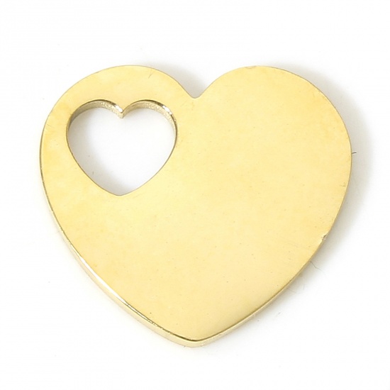 Picture of 1 Piece Vacuum Plating 304 Stainless Steel Valentine's Day Charms Gold Plated Heart Hollow 12mm x 11mm