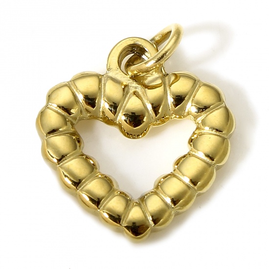 Picture of 1 Piece Vacuum Plating 304 Stainless Steel Valentine's Day Charms Gold Plated Heart Hollow 14.5mm x 13.5mm