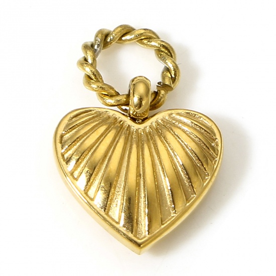 Picture of 1 Piece Vacuum Plating 304 Stainless Steel Valentine's Day Charms Gold Plated Heart Stripe 15mm x 10mm