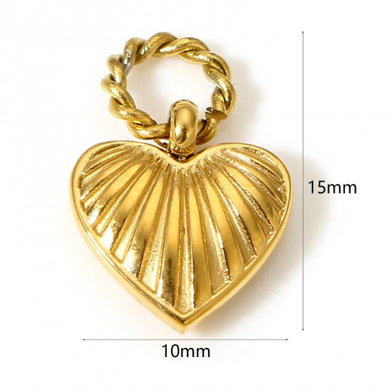 Picture of 1 Piece Vacuum Plating 304 Stainless Steel Valentine's Day Charms Gold Plated Heart Stripe 15mm x 10mm