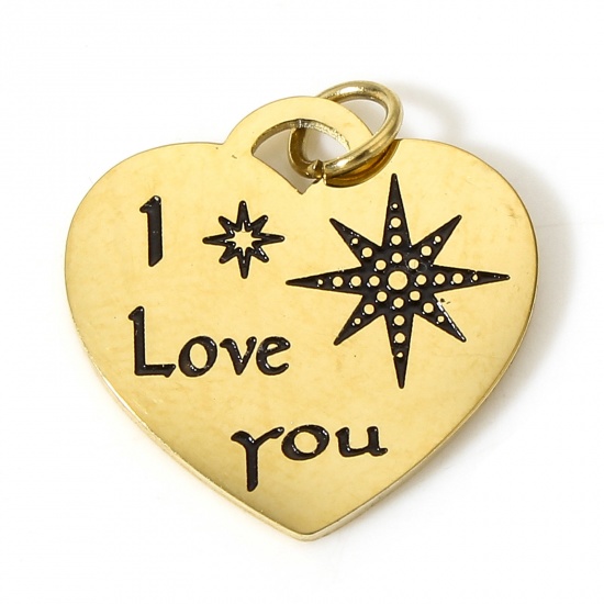 Picture of 1 Piece Vacuum Plating 304 Stainless Steel Valentine's Day Charms Gold Plated Heart Star Message " I Love you " 15mm x 14.5mm