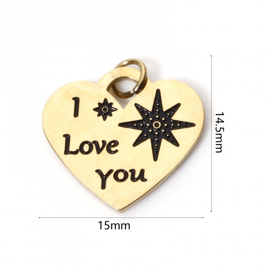 Picture of 1 Piece Vacuum Plating 304 Stainless Steel Valentine's Day Charms Gold Plated Heart Star Message " I Love you " 15mm x 14.5mm