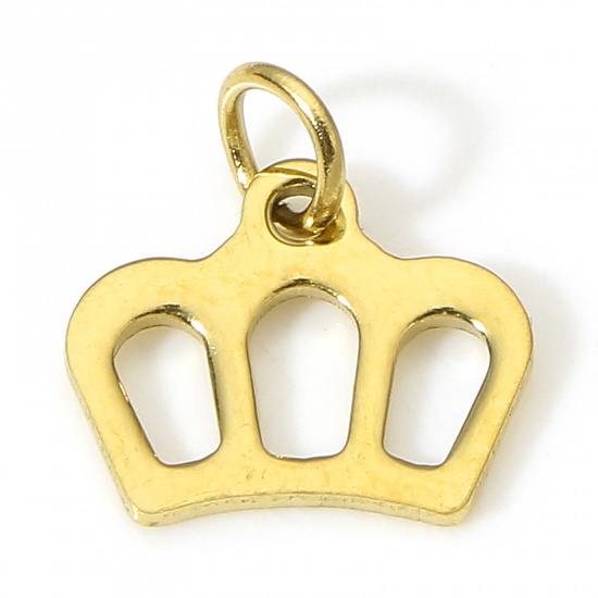 Picture of 1 Piece Vacuum Plating 304 Stainless Steel Stylish Charms Gold Plated Crown Hollow 10mm x 8.5mm