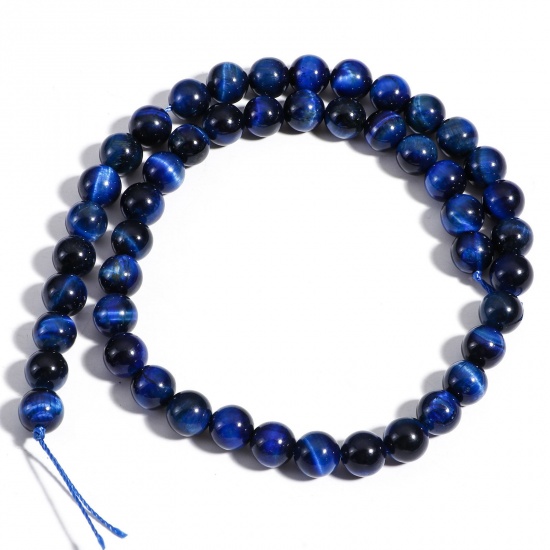 Picture of 1 Strand (Approx 48 PCs/Strand) (Grade A) Tiger's Eyes ( Natural Dyed ) Loose Beads For DIY Charm Jewelry Making Round Blue About 8mm Dia., Hole: Approx 1mm, 39cm(15 3/8") long