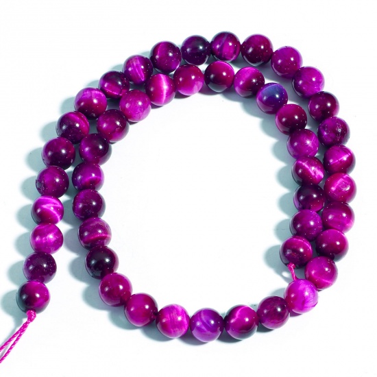 Picture of 1 Strand (Approx 48 PCs/Strand) (Grade A) Tiger's Eyes ( Natural Dyed ) Loose Beads For DIY Charm Jewelry Making Round Fuchsia About 8mm Dia., Hole: Approx 1mm, 39cm(15 3/8") long