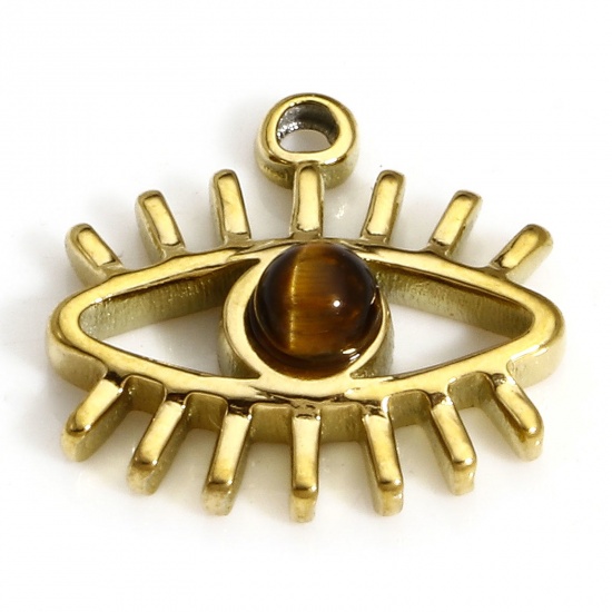 Bild von 1 Stück Umweltfreundliche PVD-Vakuumbeschichtung Titanstahl & Tigerauge Retro Charms Auge 18K Echtgold plattiert 13mm x 12mm