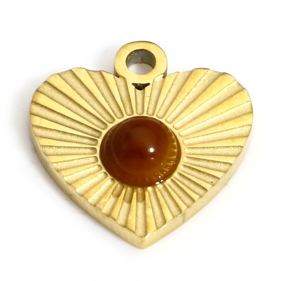 Bild von 1 Stück Umweltfreundliche PVD-Vakuumbeschichtung Titanstahl & Tigerauge Retro Charms Herz 18K Echtgold plattiert 12.5mm x 12mm