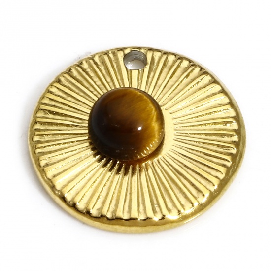 Bild von 1 Stück Umweltfreundliche PVD-Vakuumbeschichtung Titanstahl & Tigerauge Retro Charms Rund 18K Echtgold plattiert 14.5mm x 14.5mm
