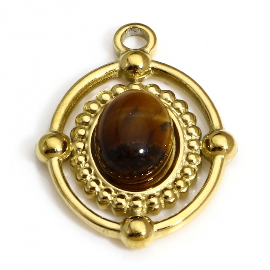 Bild von 1 Stück Umweltfreundliche PVD-Vakuumbeschichtung Titanstahl & Tigerauge Retro Charms Ring 18K Echtgold plattiert Oval 21mm x 16mm