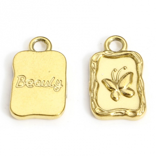 Picture of 1 Piece Vacuum Plating 304 Stainless Steel Stylish Charms Gold Plated Rectangle Butterfly 15mm x 9mm
